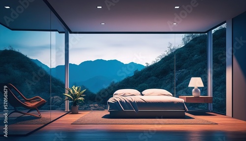 night scene glass house bedroom with a mountain view. Glass walls, an armchair on the veranda, lamps, a large bed, and a plant. 3d rendering. Generative AI.