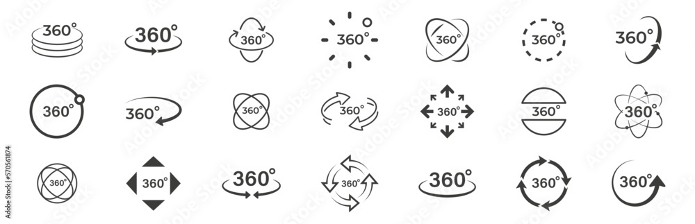 Set of 360 degree views icons. Round signs with arrows rotation to 360 degrees. Virtual reality icons. Signs with arrows to indicate the rotation or panoramas to 360 degrees. Vector illustration. - obrazy, fototapety, plakaty 