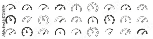 Set of speedometer, tachometer icons. Dashboard speedometer icons. Performance indicator sign. Vector illustration.