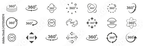 Set of 360 degree views icons. Round signs with arrows rotation to 360 degrees. Virtual reality icons. Signs with arrows to indicate the rotation or panoramas to 360 degrees. Vector illustration.