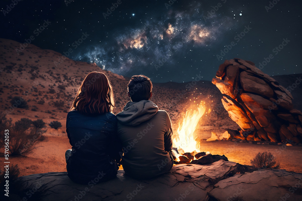 Couple a man and a woman sitting next to each other near to fireplace, hugging each other, night starry sky