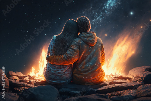 Couple a man and a woman sitting next to each other near to fireplace, hugging each other, night starry sky