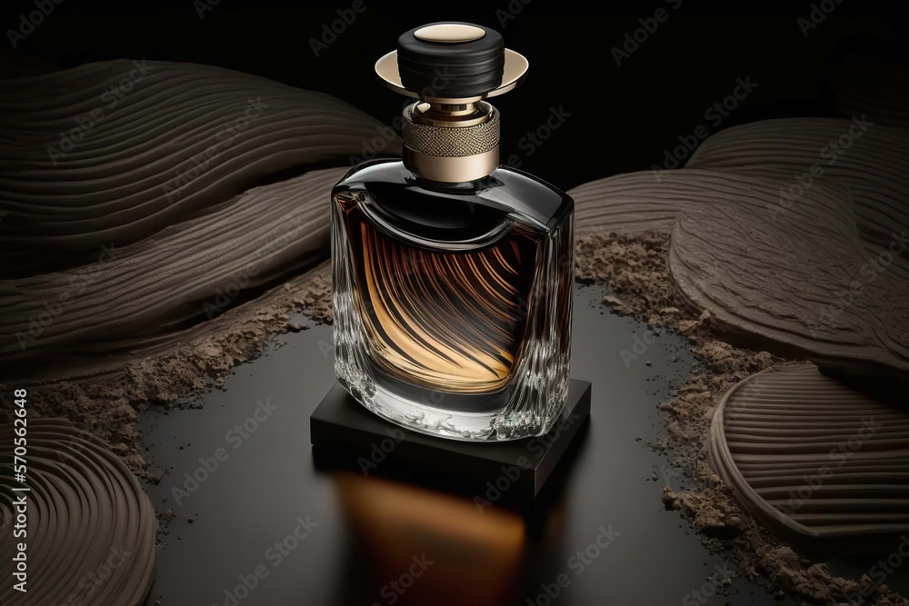 Perfume glass bottle on podium mock up banner, cosmetics abstract geometric stage, product ad on showroom platform. Generative Ai art. Realistic 3d illustration Perfume glass bottle on podium mock up banner, cosmetics abstract geometric stage, product ad on showroom platform. Generative Ai art. Realistic 3d illustration