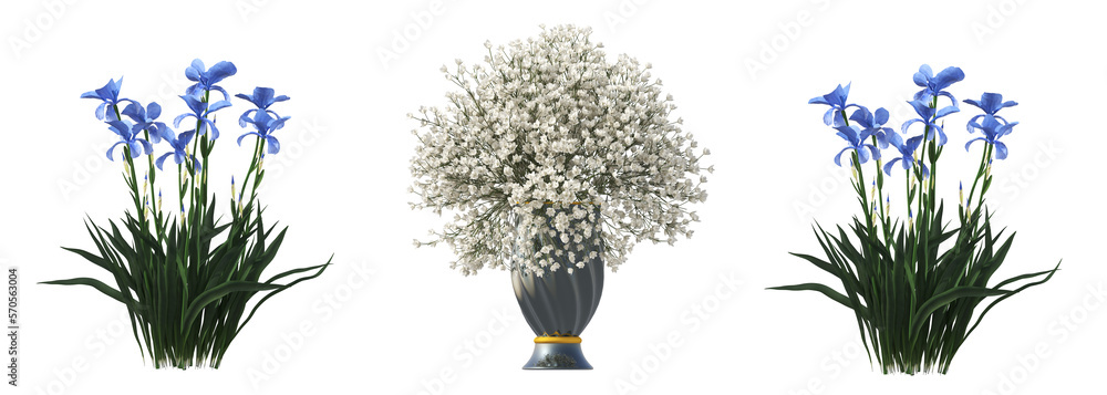 Fototapeta premium decorative flowers and plants for the interior, isolated on white background, 3D illustration, cg render