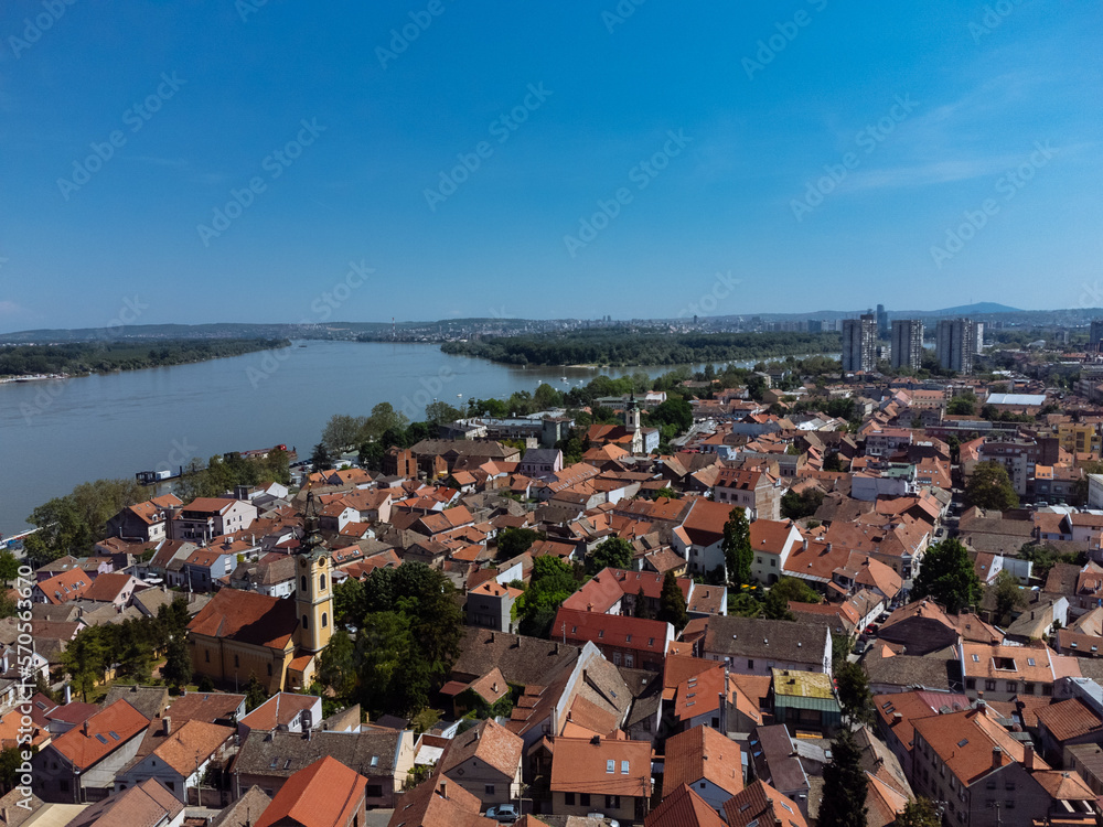 Drone panoramic view of Gardos tower, Saint Nicholas church, Zemun, Belgrade, Serbia