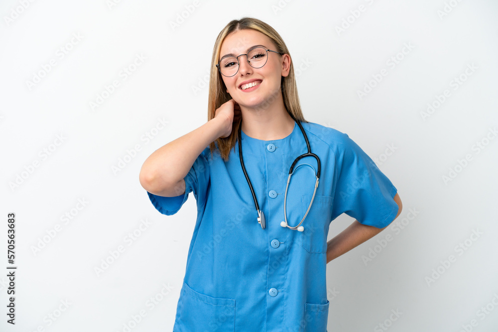 Young surgeon doctor woman isolated on white background laughing Young surgeon doctor woman isolated on white background laughing