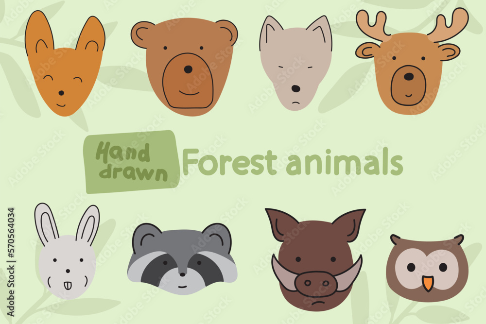 Cute and Happy hand drawn forest animals illustrations set, zoo collection Cute and Happy hand drawn forest animals illustrations set, zoo collection