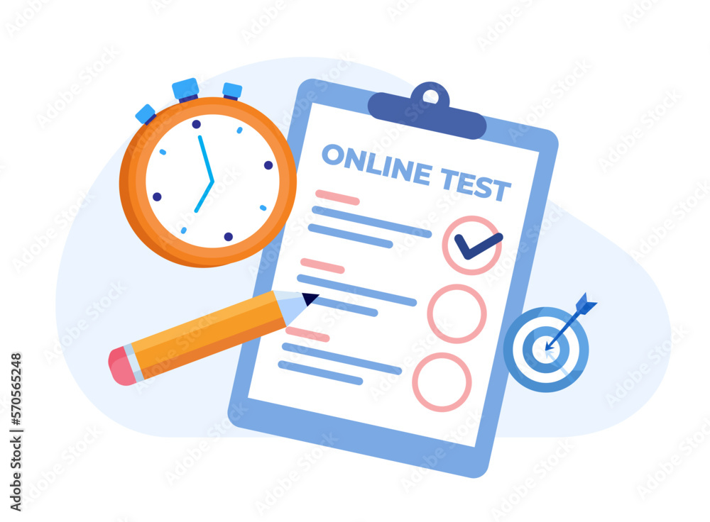 Online test and checking answers, examination, test, quiz, student test, employee, questionnaire, flat vector illustration banner Online test and checking answers, examination, test, quiz, student test, employee, questionnaire, flat vector illustration banner