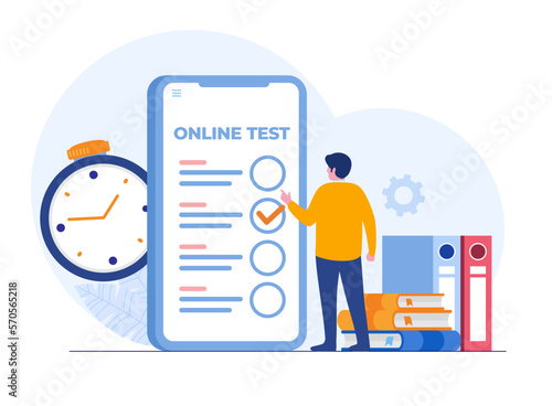 Online test and checking answers, examination, test, quiz, student test, employee, questionnaire, flat vector illustration banner