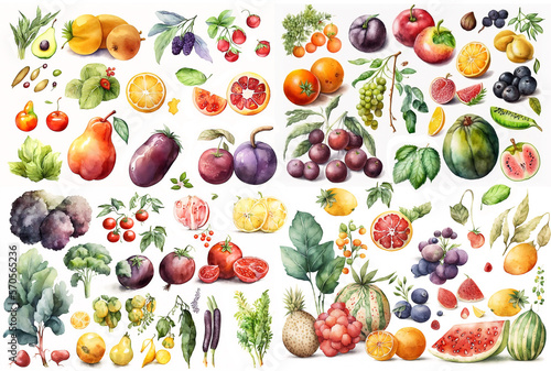 Watercolor illustration of a collection of fruit and vegetables on a white background - AI generative © Giordano Aita
