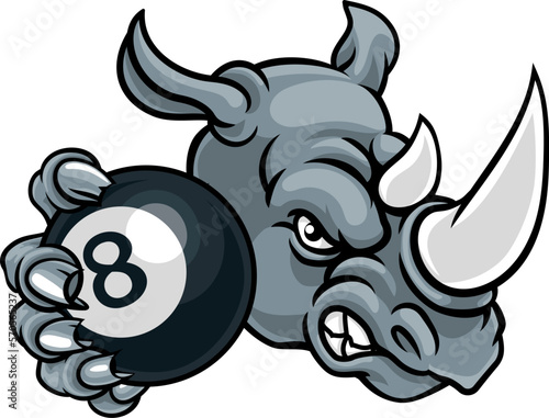 A rhino angry mean pool billiards mascot cartoon character holding a black 8 ball.
