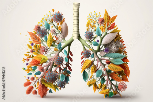 Floral human lung. Chest health concept, drawing, image is generated with the use of an AI. Flower design, plant blossom, white background.