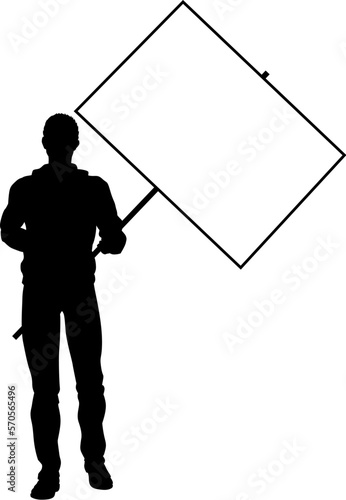 Protestor or demonstrator at a demonstration march, picket line or strike protest rally in silhouette. Holding up a banner or picket sign board placard.