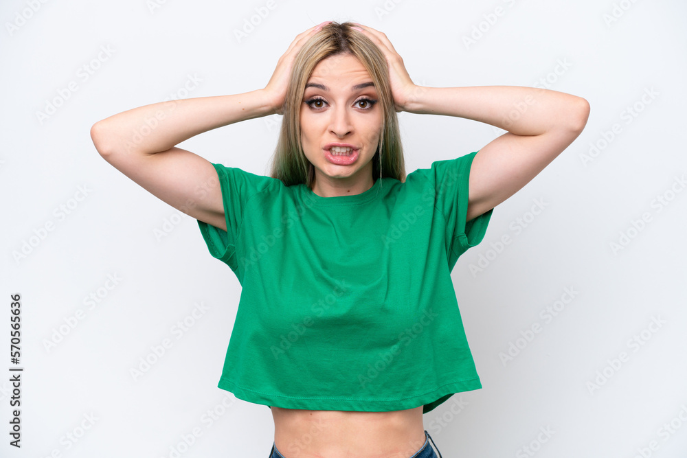 Pretty blonde woman isolated on white background doing nervous gesture Pretty blonde woman isolated on white background doing nervous gesture