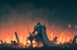 knight with the magic sword sitting on the fire, digital art style, illustration painting