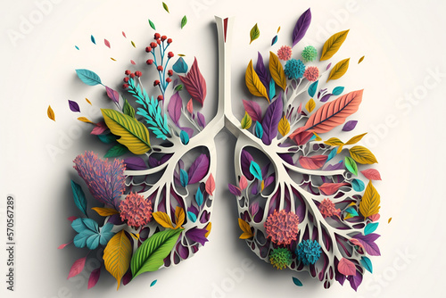 Floral human lung. Chest health concept, 3d, image is generated with the use of an AI. Flower design, plant blossom, colorful garden, white background.