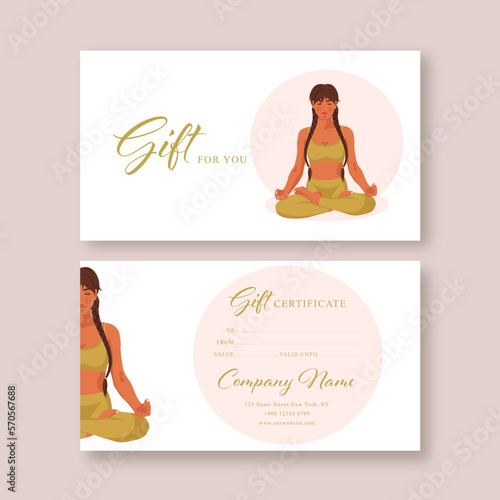 Gift voucher card template. Modern discount coupon or certificate layout with yoga girl, meditation art background. Vector illustration.