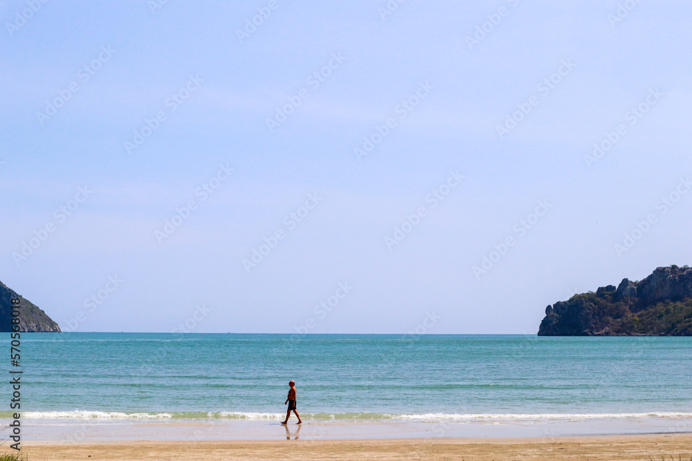 Tourists come to travel mountains and blue sea beautiful nature in Prachuap Khiri Khan Province, Thailand