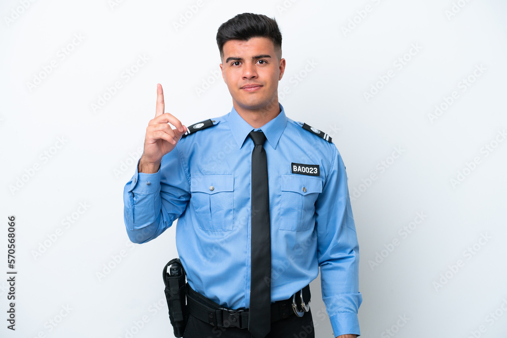 Young police caucasian man isolated on white background pointing with the index finger a great idea Young police caucasian man isolated on white background pointing with the index finger a great idea