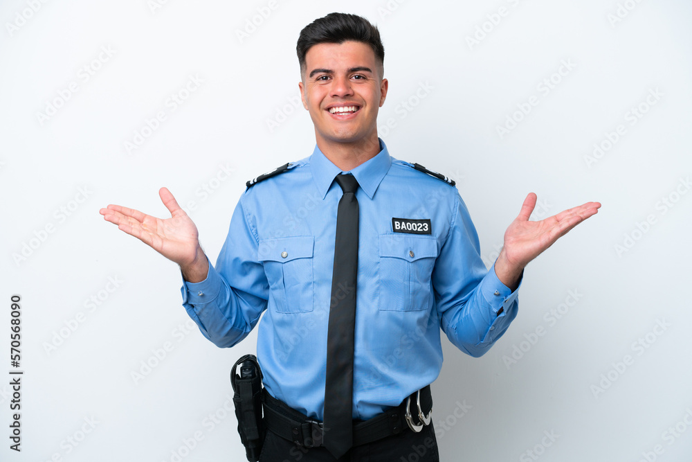 Young police caucasian man isolated on white background with shocked facial expression Young police caucasian man isolated on white background with shocked facial expression