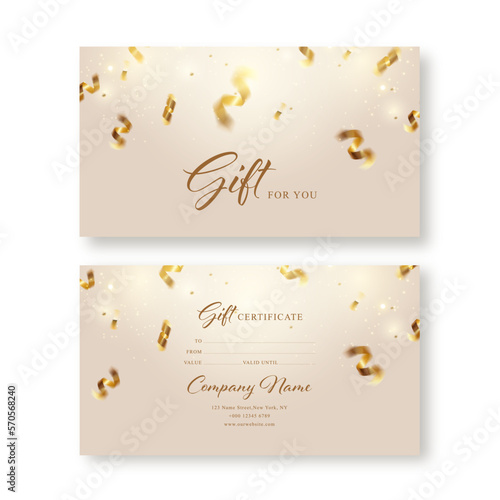 Gift voucher card template. Modern discount coupon or certificate layout with confetti gold tinsel, art background. Vector illustration.