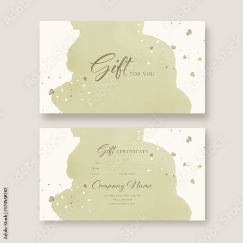 Gift voucher card template. Modern discount coupon or certificate layout in rustic style. Greenery Watercolor Vector illustration.