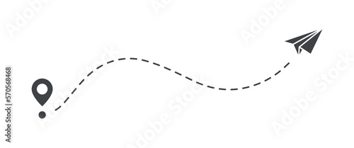 Paper airplane with dashed line. Flight route. Start point.