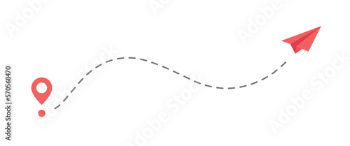 Paper airplane with dashed line. Flight route. Start point.