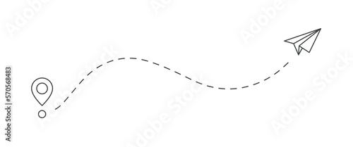 Paper airplane with dashed line. Flight route. Start point.