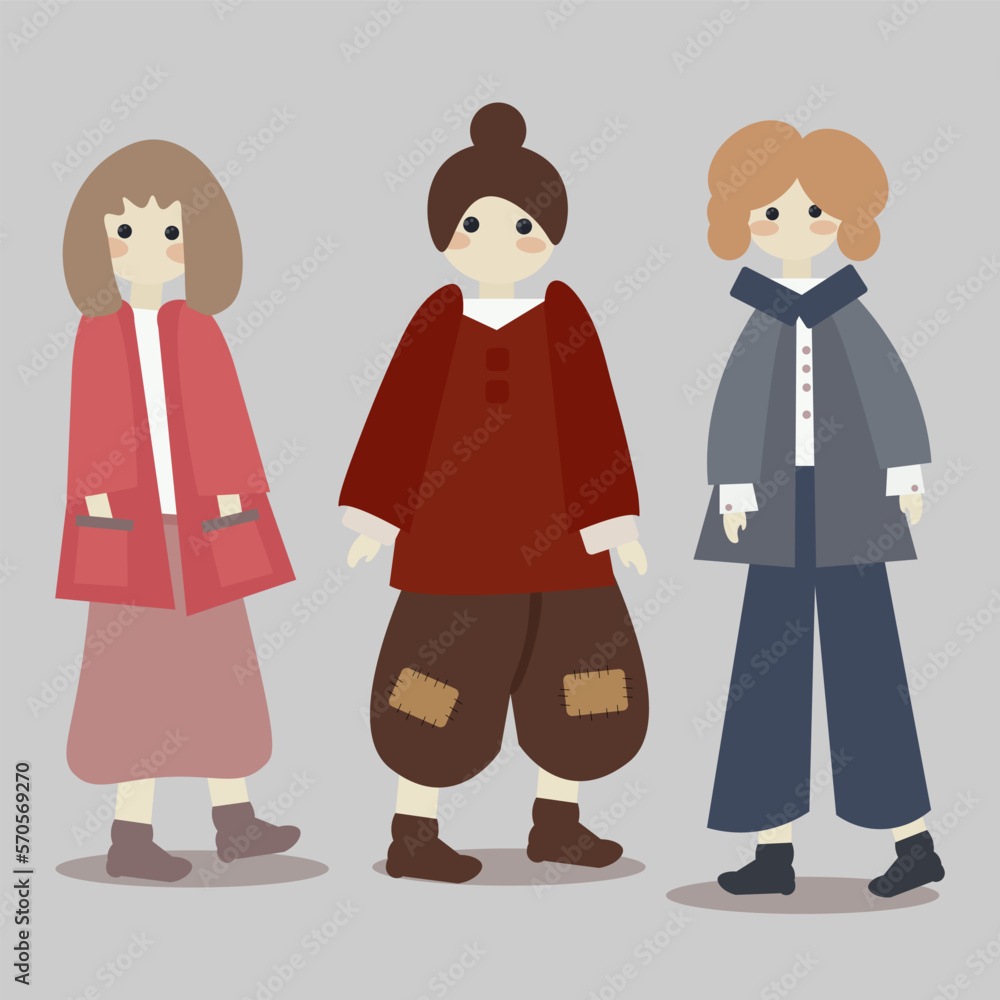 Set of characters in warm winter clothes going about their daily.