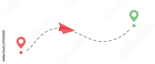 Paper airplane with dashed line. Flight route. Start and finish point.