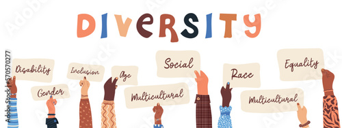 Hands of people multi ethnic races holding placards with text. Diversity and inclusion concept. Racial equality and anti-racism. Gender and age diversity. Multicultural society. Vector illustration