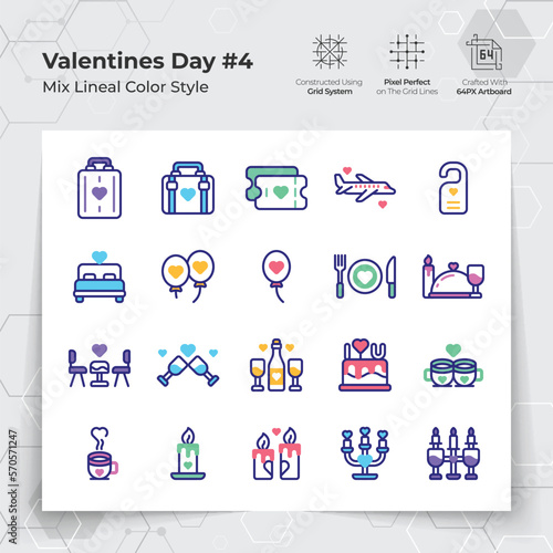 Valentine's day icons set in line color fill style with holiday traveling and dinner themed.