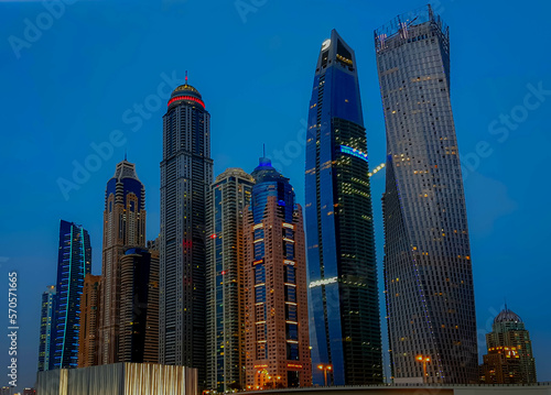 Skyscrapers in marina in Dubain in the night