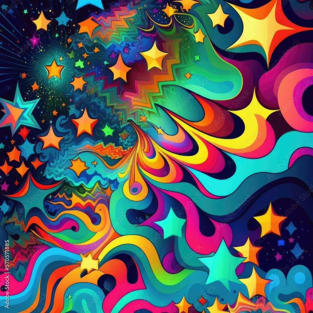 Psychedelic and colorful stars and waves in the sky pattern