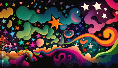 Psychedelic and colorful stars and clouds in the sky pattern