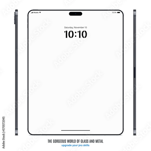 new frameless tablet grey color with blank touch screen saver front and side view isolated on white background. mockup of realistic and detailed device with shadow. vector illustration