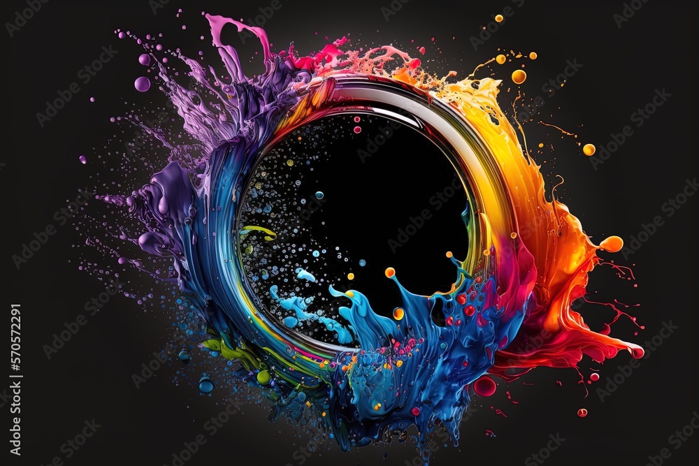 Abstract circle liquid motion flow explosion. Curved wave colorful pattern with paint drops on black background - obrazy, fototapety, plakaty 