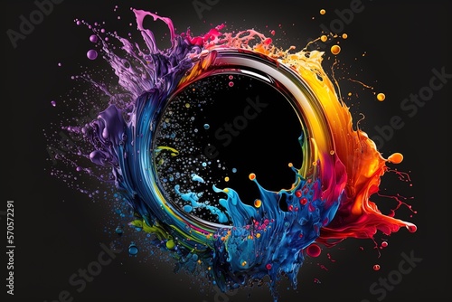 Abstract circle liquid motion flow explosion. Curved wave colorful pattern with paint drops on black background photo