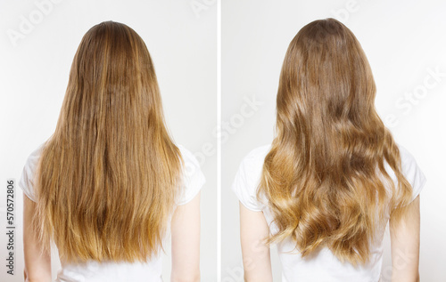 Closeup Before after Caucasian hair type back view isolated on white background. Before-after Straight long light brown healthy clean hairstyle, wavy curly iron curled. Shampoo concept. Nature beauty
