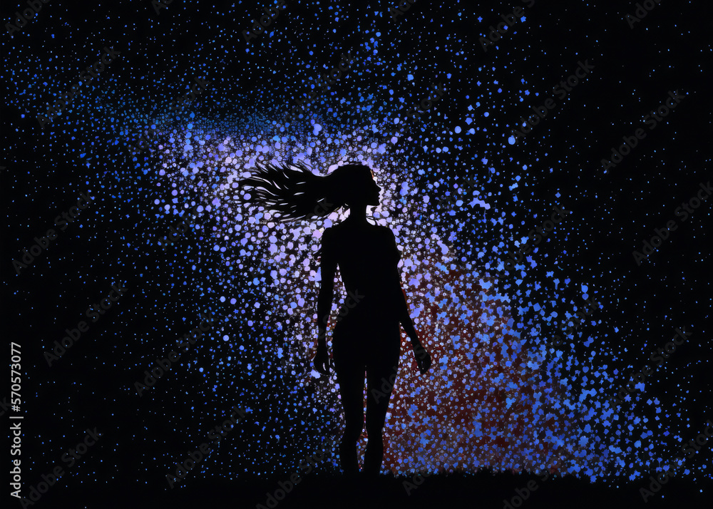 Painting of a women's silhouette in front of a colorful glitter looking like the milky way. Generative AI