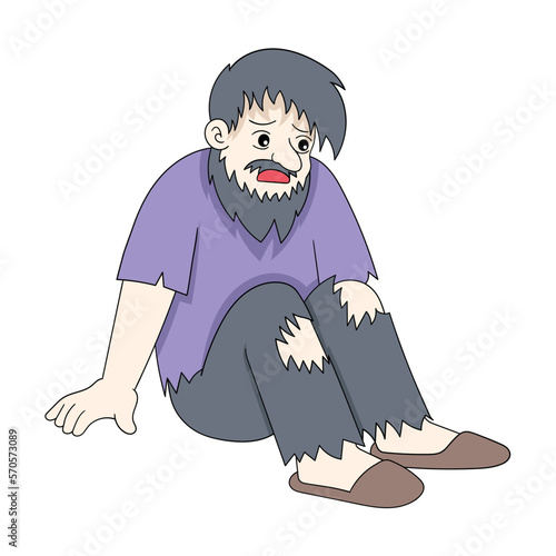 a gloomy faced homeless was sitting in a shabby corner