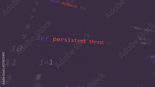 Cyber attack persistent threat vunerability in text ascii art style, code on editor screen.
