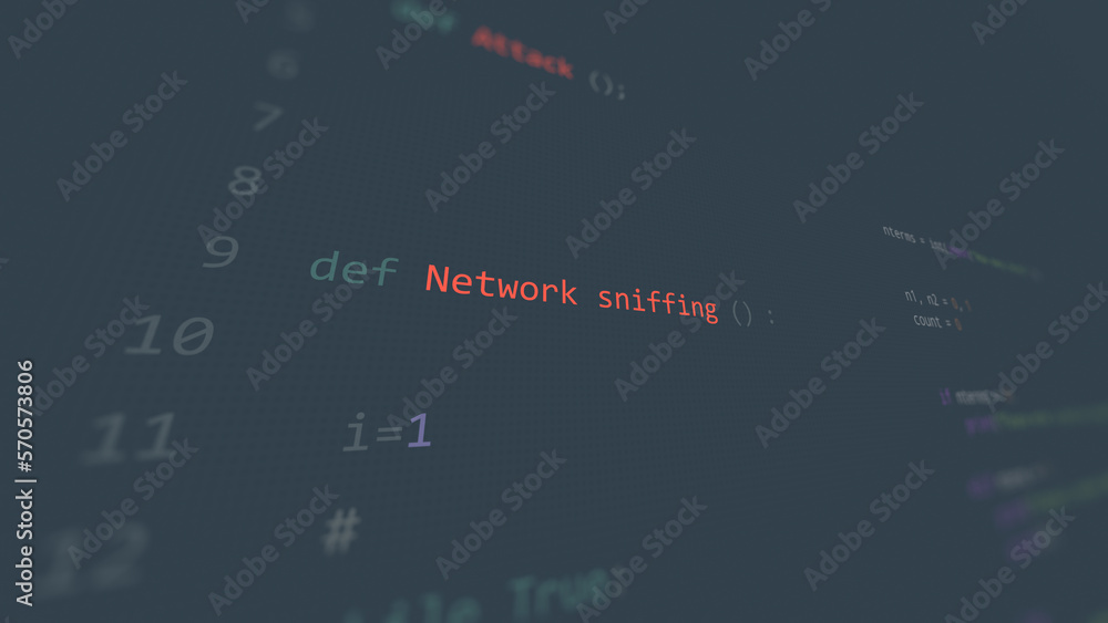 Naklejka premium Cyber attack Network sniffing vunerability in text ascii art style, code on editor screen.