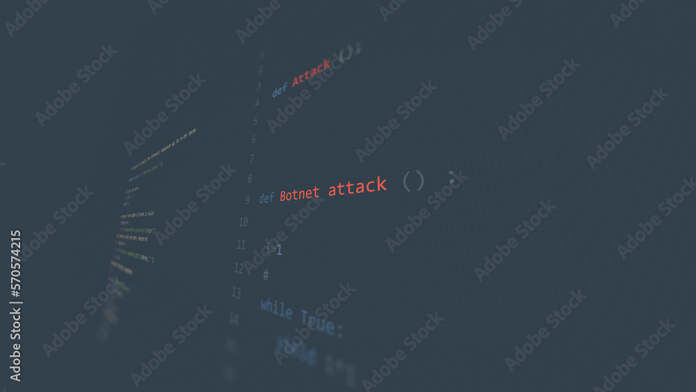 Naklejka premium Cyber attack Botnet attack vunerability in text ascii art style, code on editor screen.