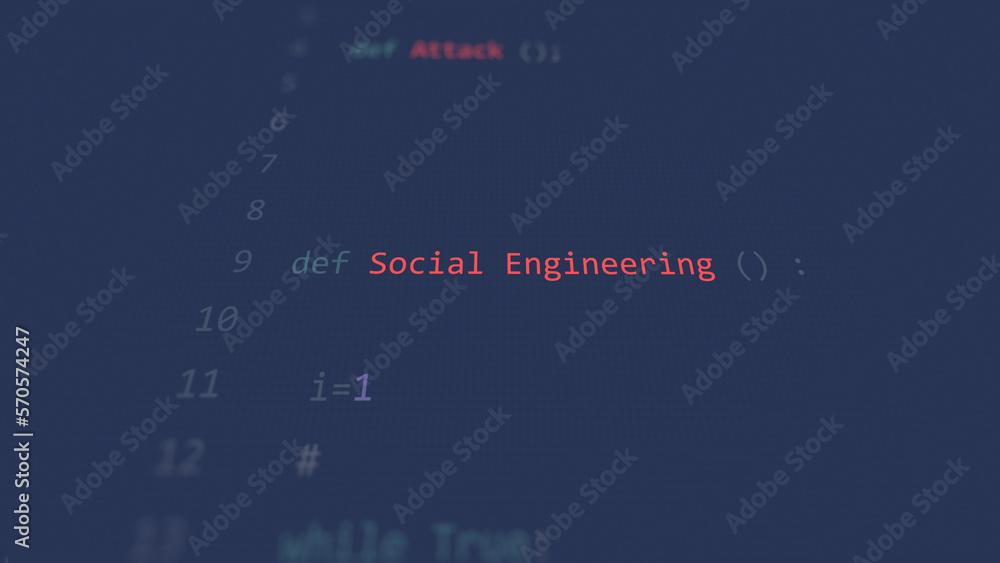 Cyber attack Social Engineering vunerability in text ascii art style, code on editor screen.