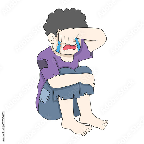 poor and slum boy was sitting crying