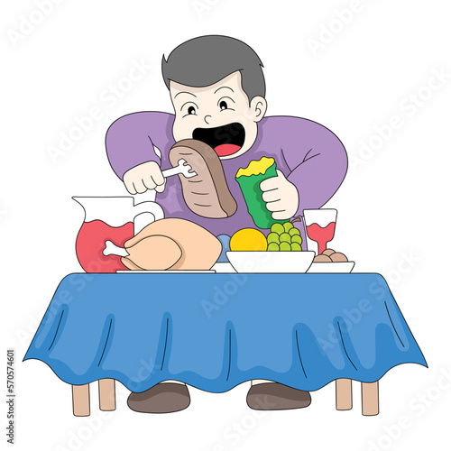 the fat boy was greedily eating all the food on the table