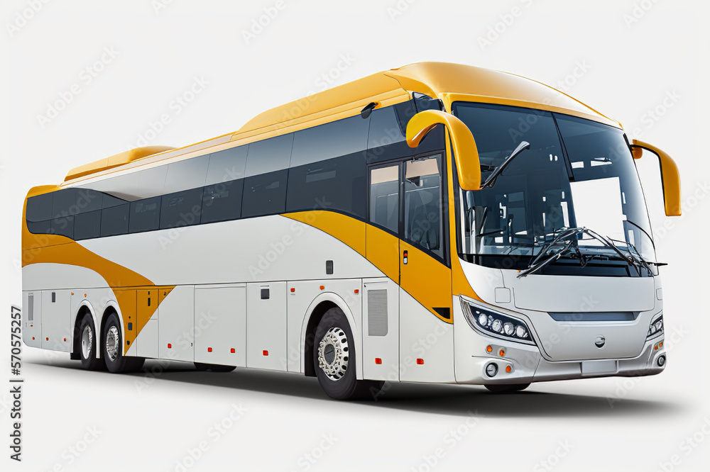 Tour Bus white and yellow colors, PNG Transparent Background Illustration. vactor of Modern Tour Bus Front-Side View, Generative Ai