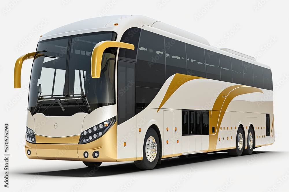 A Tour Bus in white and yellow colors, PNG Transparent Background Illustration. vactor of Modern Tour Bus Front-Side View, Generative Ai